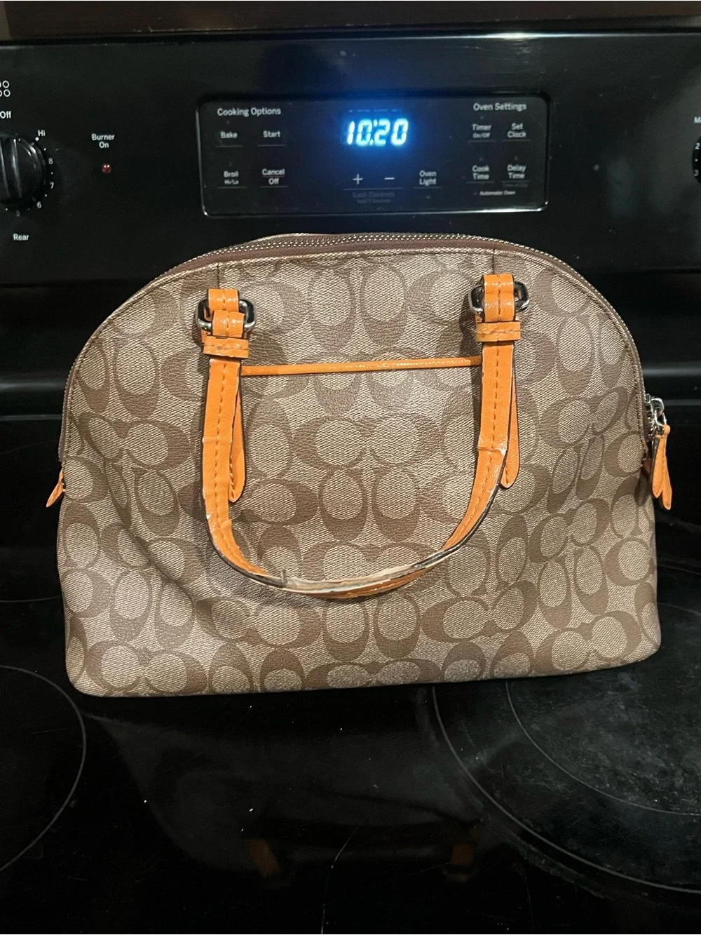 Coach Brown Signature Dome Satchel with Orange Trim